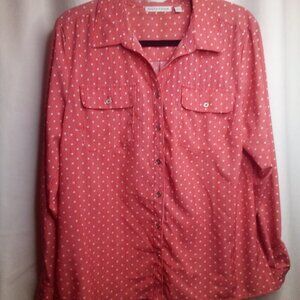 Notations Blouse L Button Up Long Sleeve Polka Dot Red White